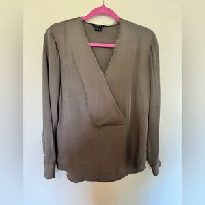 Theory Petite Silk Blouse V Neck Crossover Gray Brown Petite S XS Professional